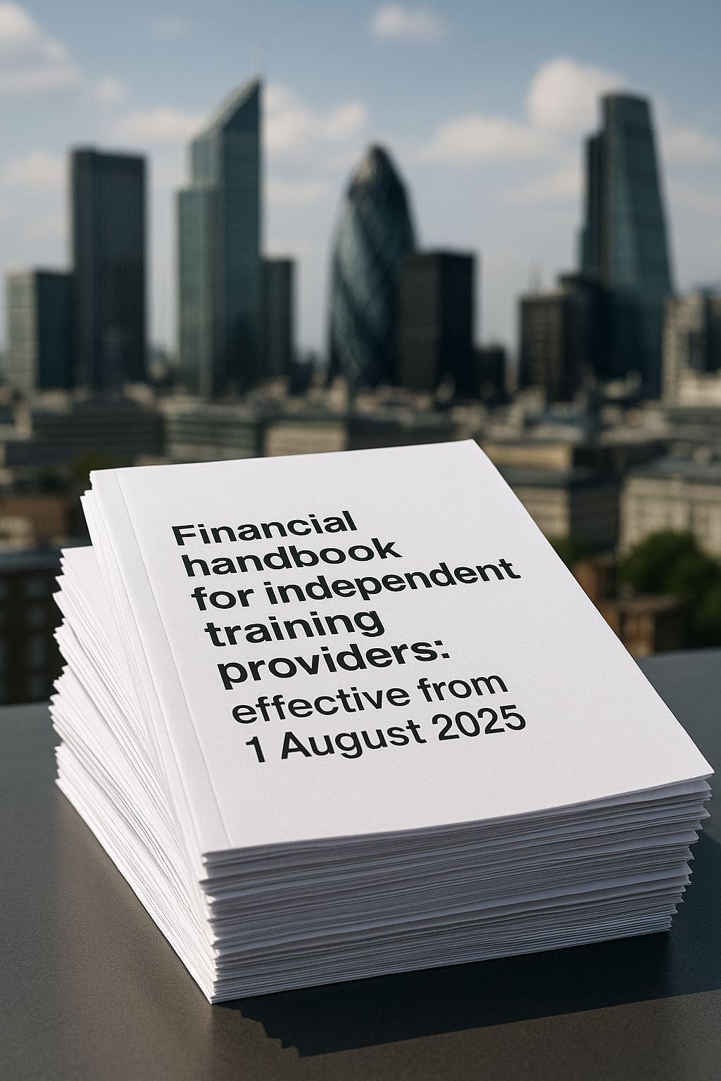 A stack of white paper documents titled "Financial handbook for independent training providers: effective from 1 August 2025" sits on a table with a blurred city skyline in the background, featuring modern skyscrapers under a blue sky.