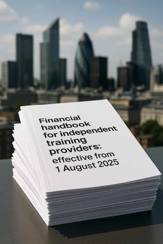 A stack of white paper documents titled "Financial handbook for independent training providers: effective from 1 August 2025" sits on a table with a blurred city skyline in the background, featuring modern skyscrapers under a blue sky.