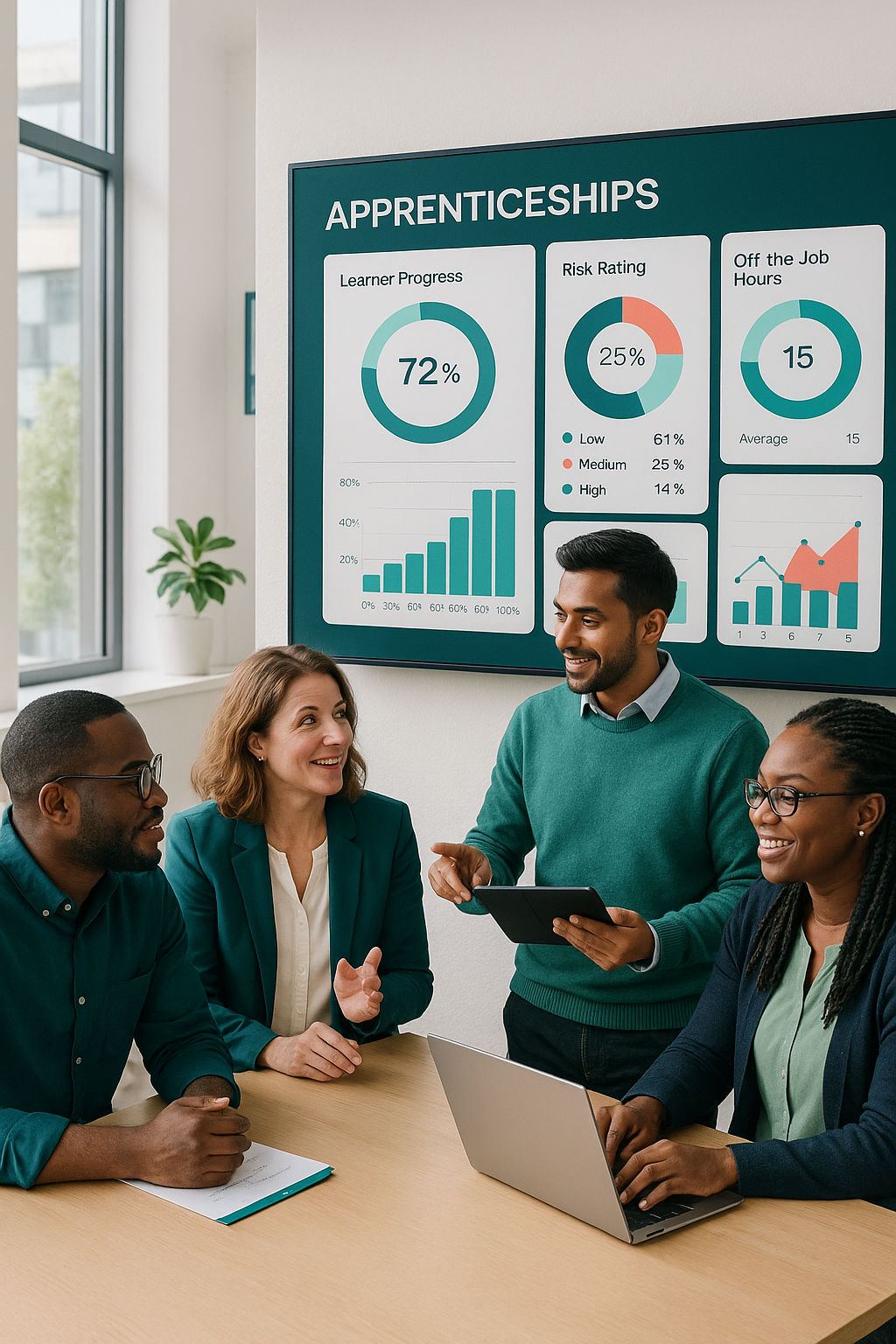 A diverse group of apprenticeship training providers working together in a modern office, gathered around a large digital screen displaying colourful data analytics dashboards with metrics such as learner progress, risk ratings, and off-the-job hours. The scene highlights teamwork, technology, and progress in apprenticeship education.