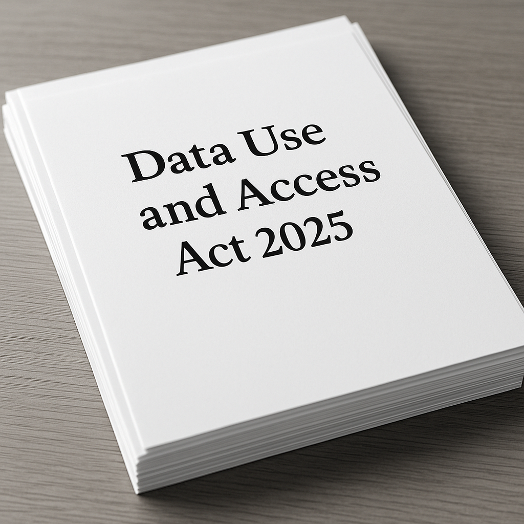 A stack of white papers on a desk, with the top sheet showing the bold printed title “Data Use and Access Act 2025” in a formal serif font.