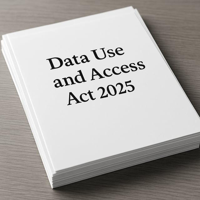 A stack of white papers on a desk, with the top sheet showing the bold printed title “Data Use and Access Act 2025” in a formal serif font.